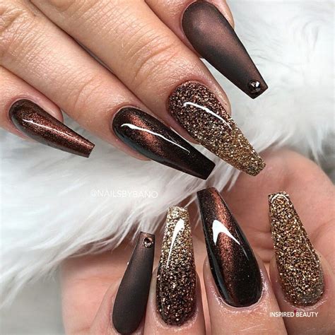 acrylic brown nails|brown acrylic nails with glitter.